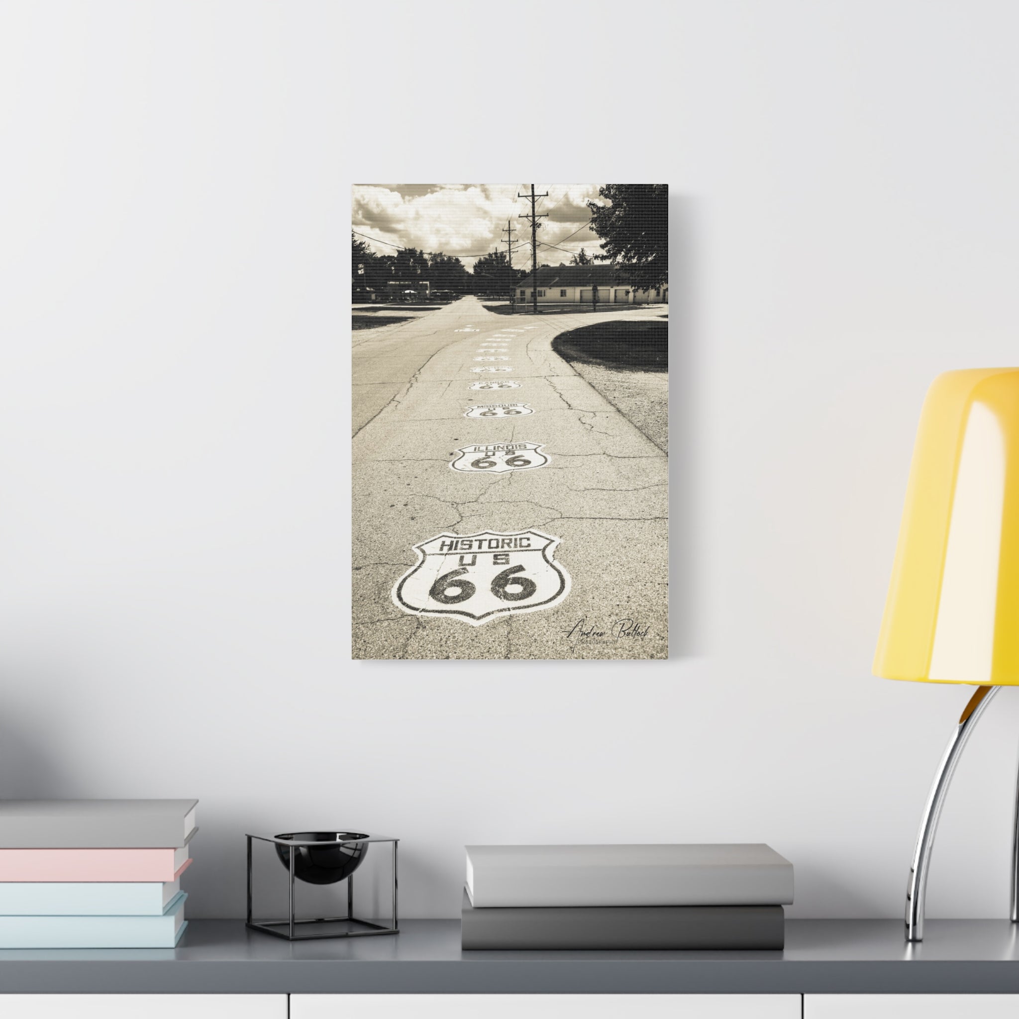 Route 66 Vintage Road Matte Canvas Wall Art — Historic U.S. 66 Sepia Photography (Stretched)