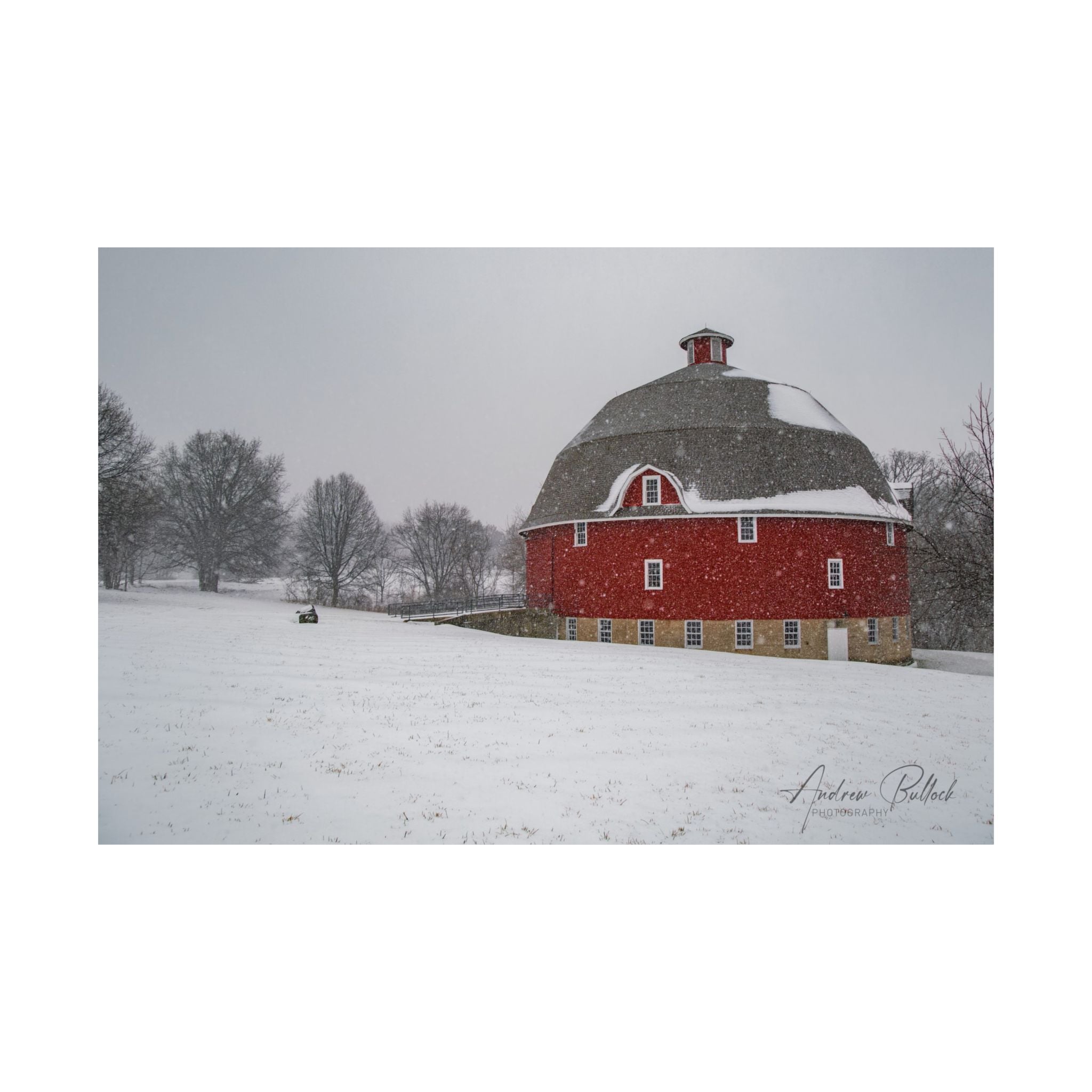 Red Round Barn Winter Scene Poster — Matte Horizontal Farmhouse Wall Art
