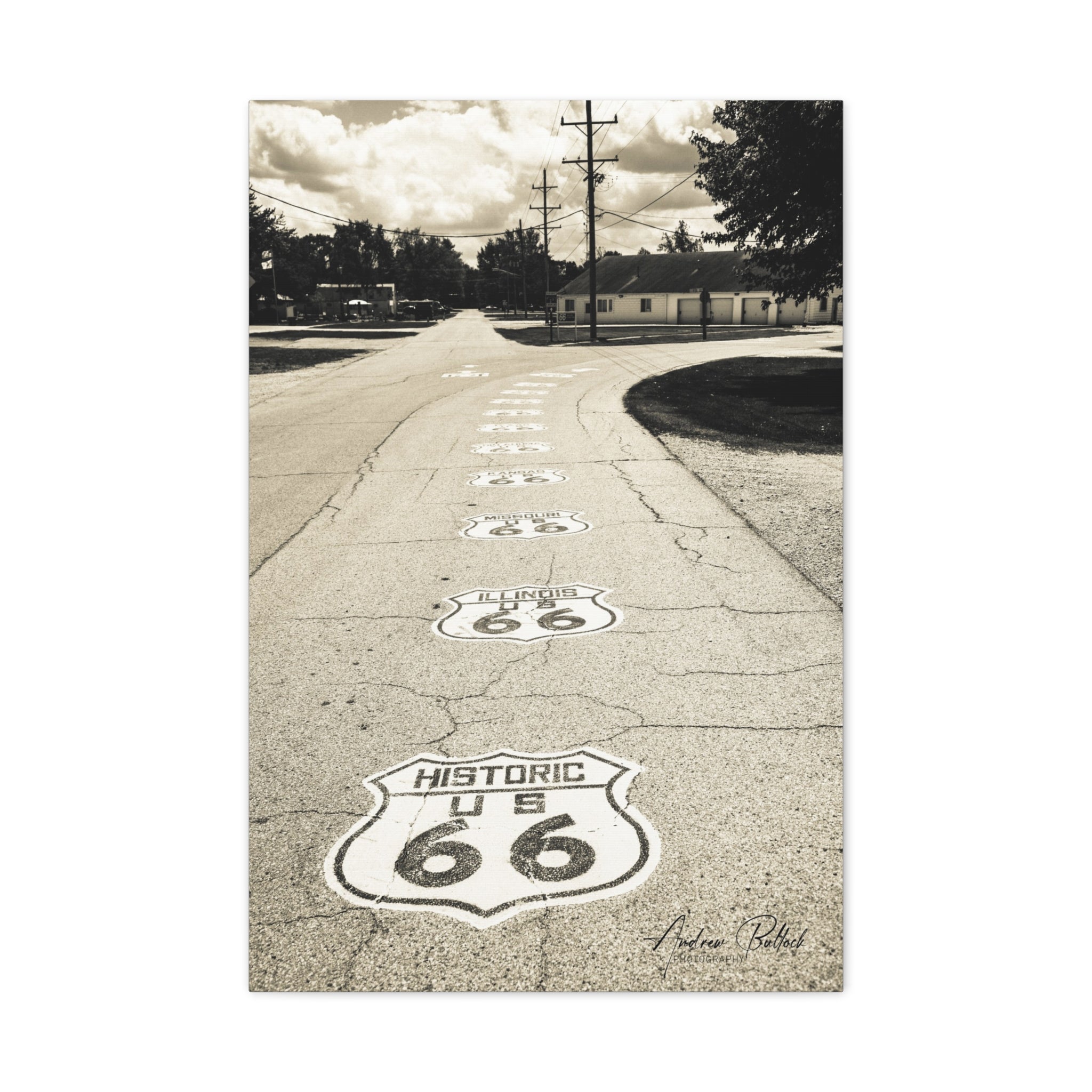 Route 66 Vintage Road Matte Canvas Wall Art — Historic U.S. 66 Sepia Photography (Stretched)