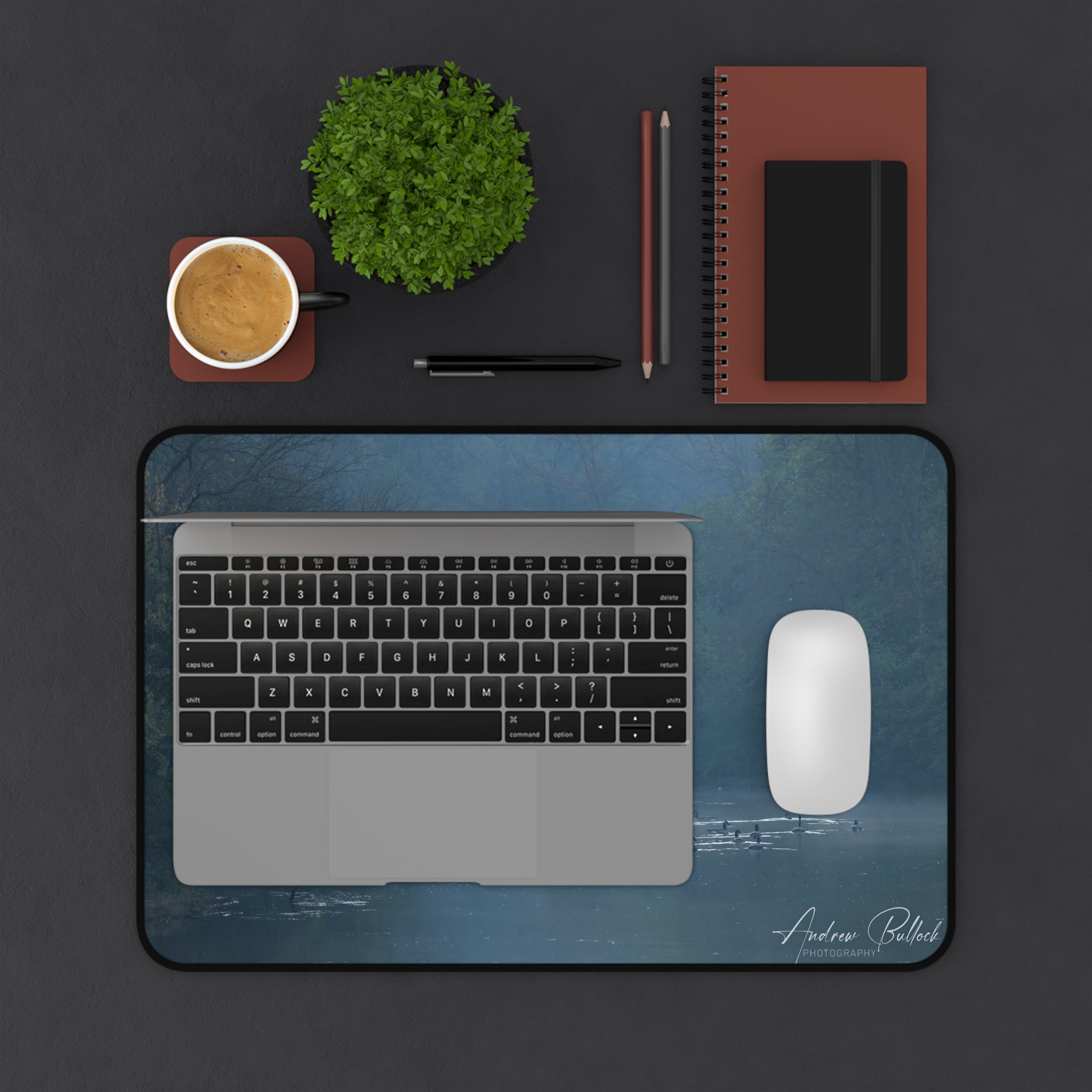 Misty River Desk Mat — Tranquil Woodland Desk Pad with Nature Photography