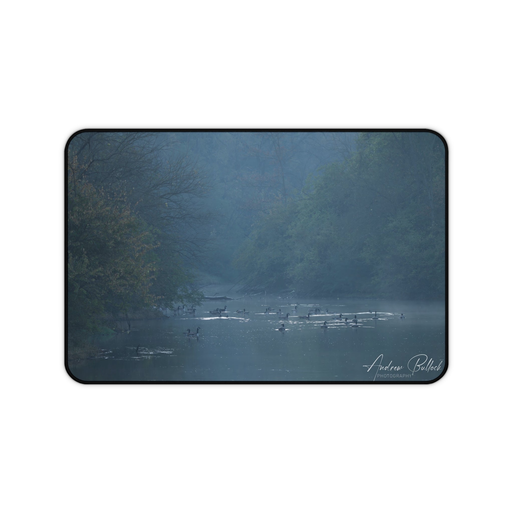 Misty River Desk Mat — Tranquil Woodland Desk Pad with Nature Photography