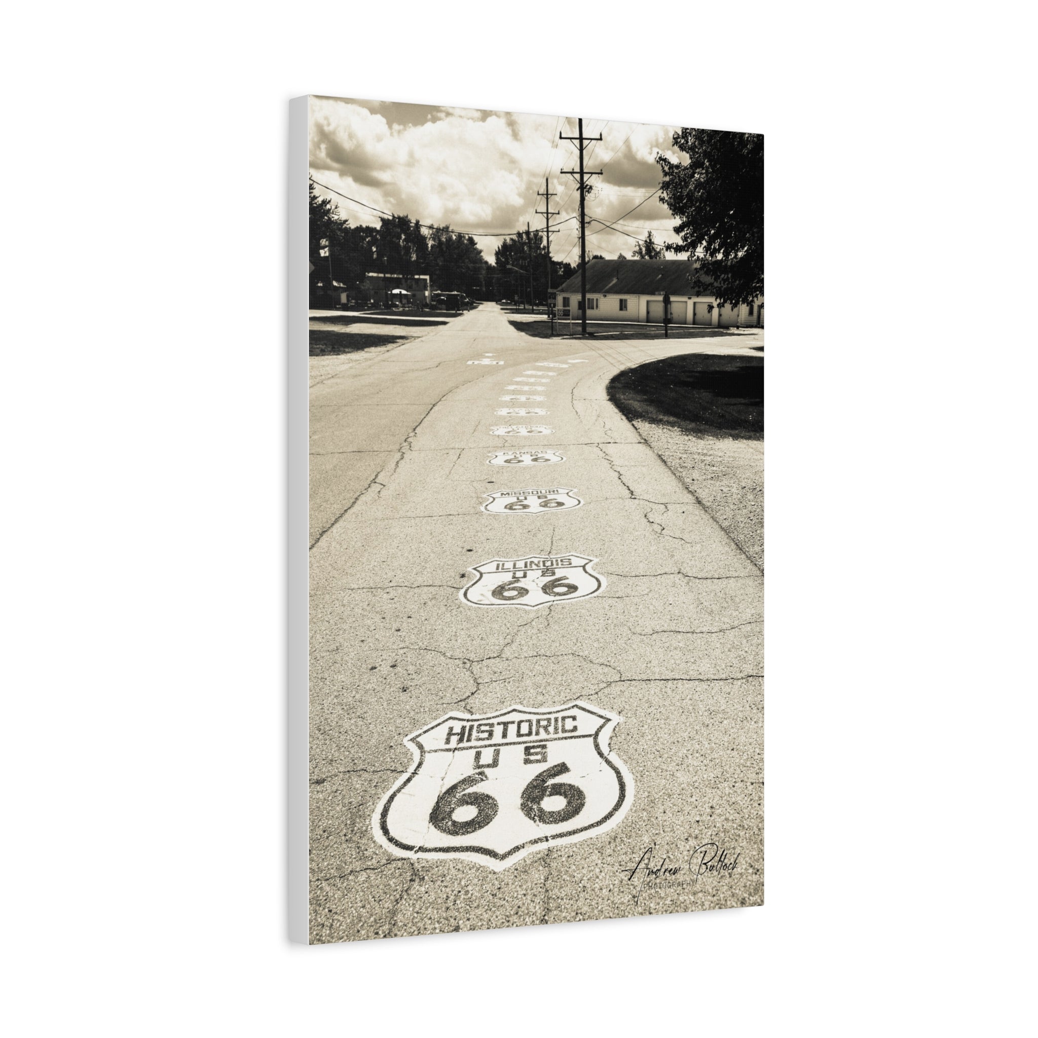 Route 66 Vintage Road Matte Canvas Wall Art — Historic U.S. 66 Sepia Photography (Stretched)