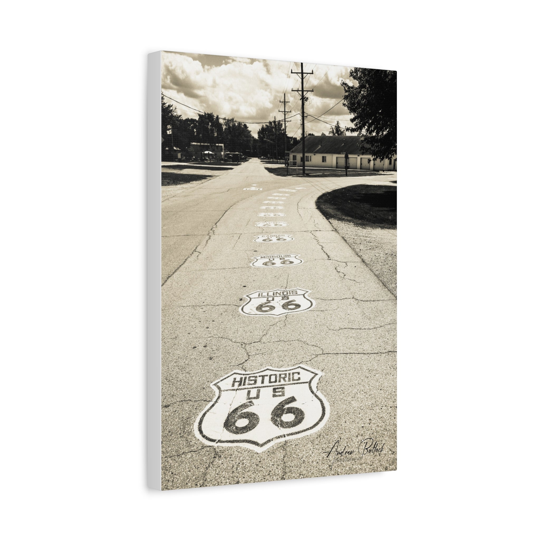 Route 66 Vintage Road Matte Canvas Wall Art — Historic U.S. 66 Sepia Photography (Stretched)
