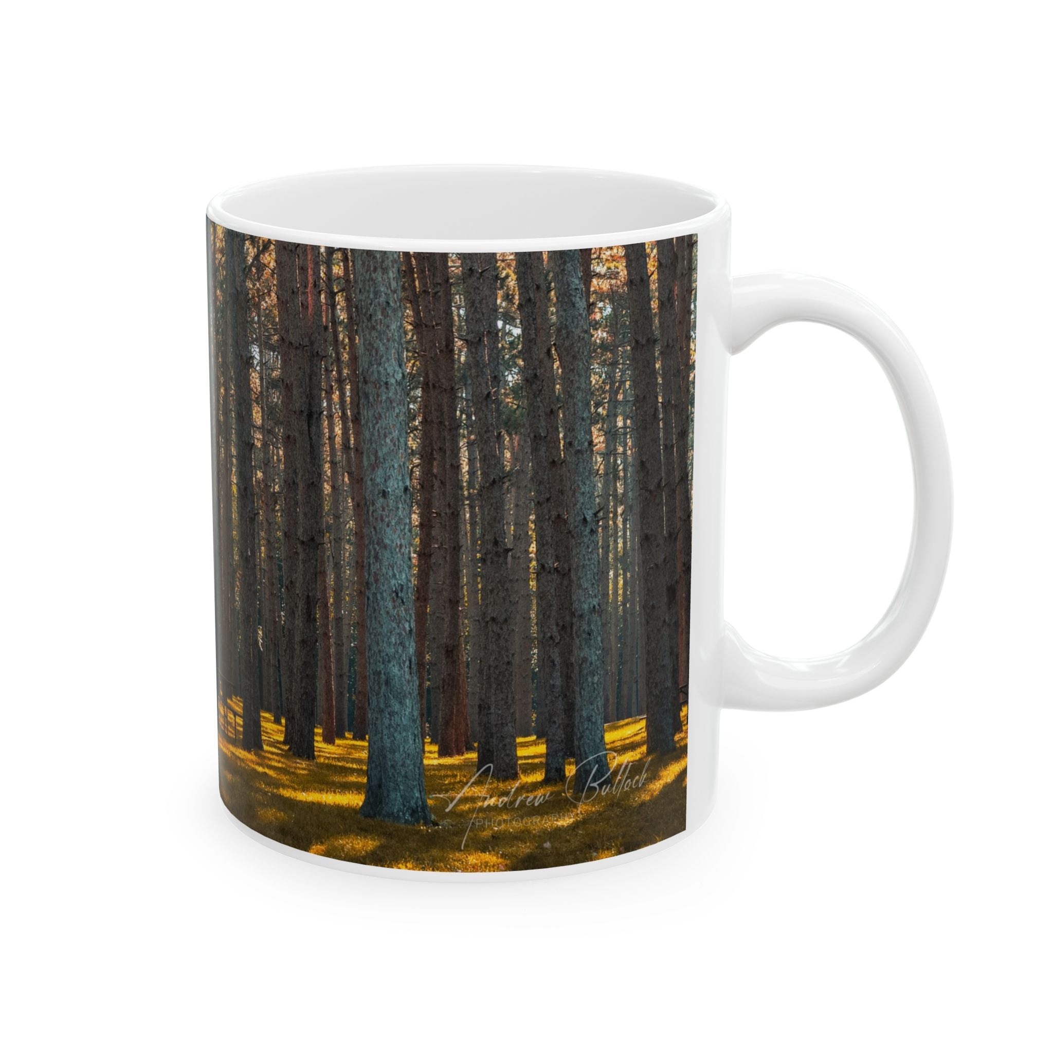 Pine Forest Scenic Ceramic Mug — Woodland Sunrise Coffee Cup (11oz & 15oz)