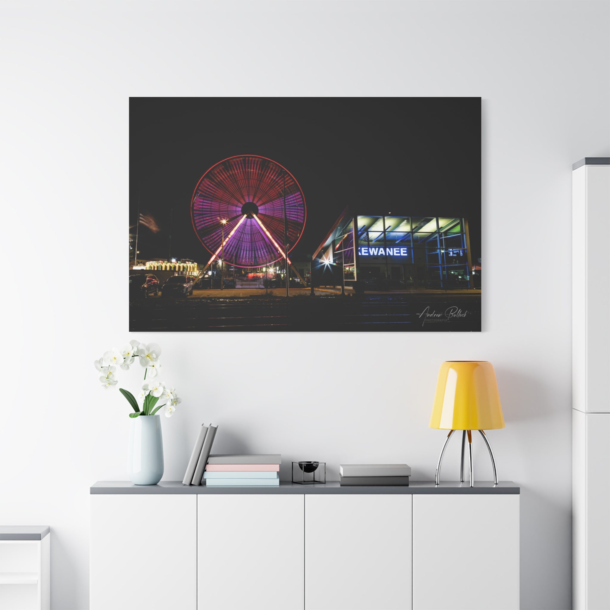 Ferris Wheel Night Canvas Print – Kewanee Train Station Matte Stretched Wall Art