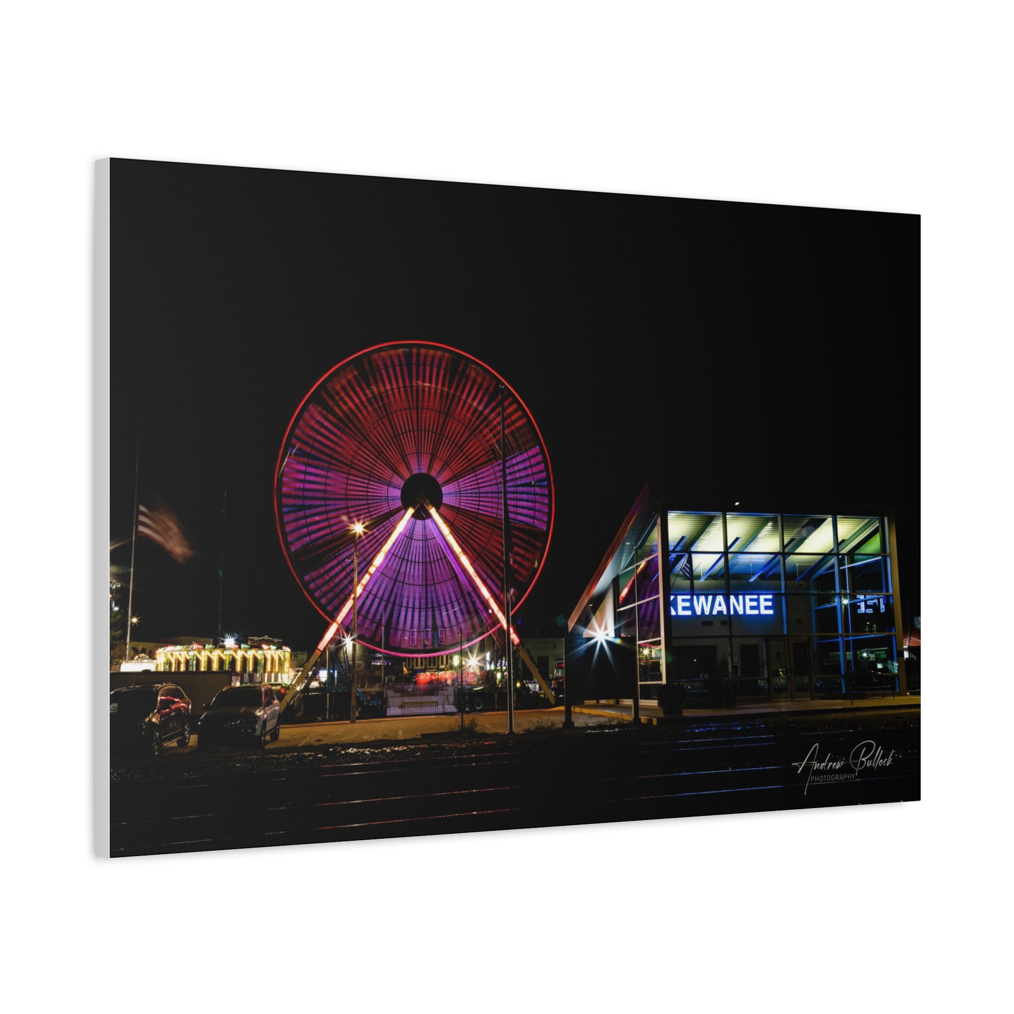 Ferris Wheel Night Canvas Print – Kewanee Train Station Matte Stretched Wall Art