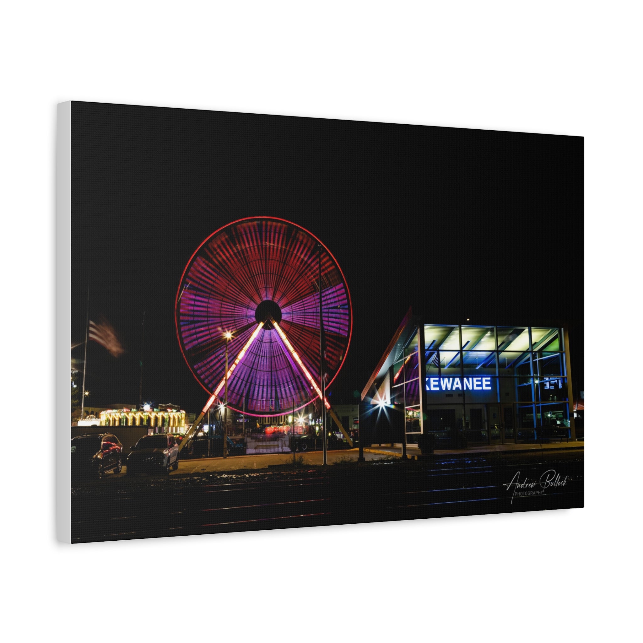 Ferris Wheel Night Canvas Print – Kewanee Train Station Matte Stretched Wall Art