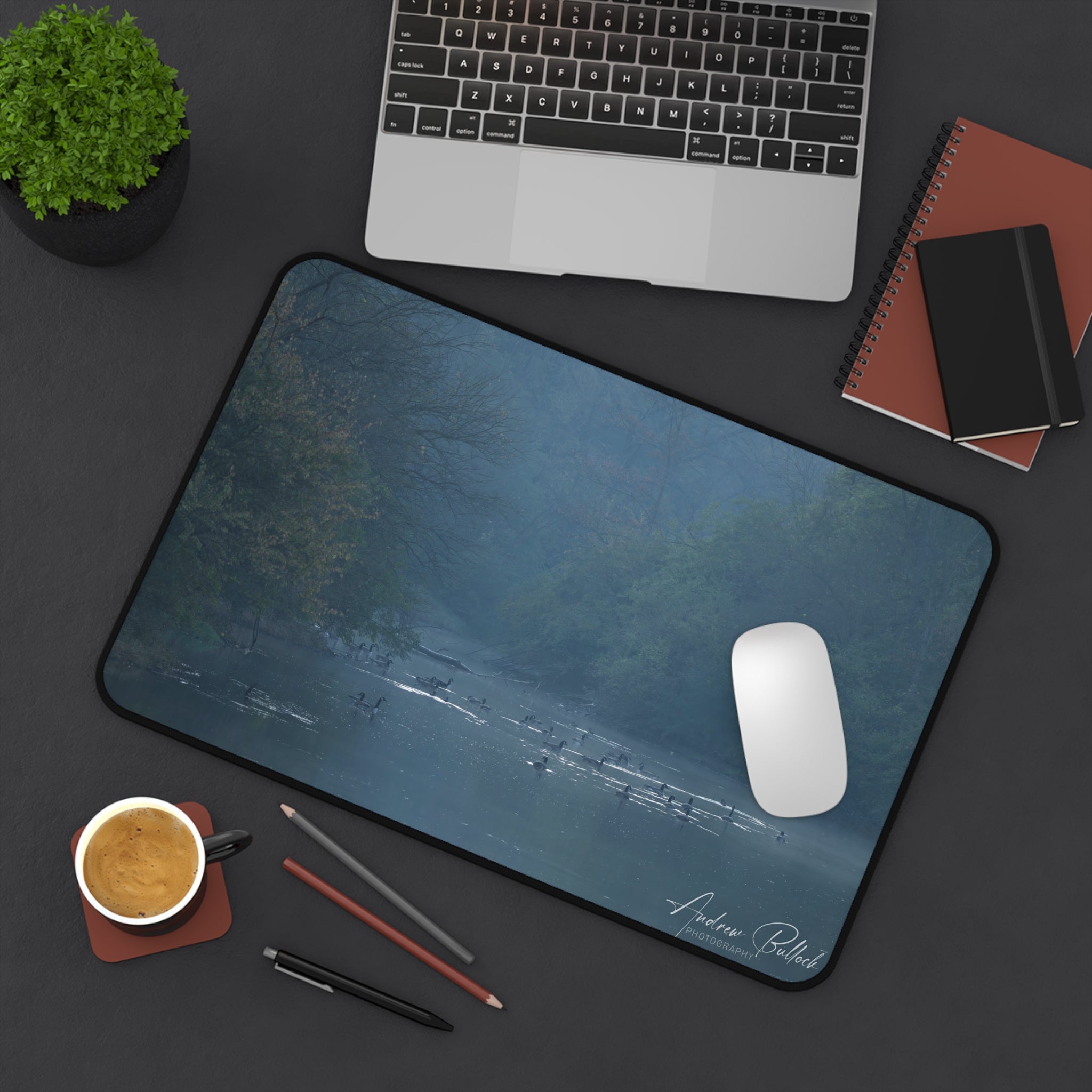 Misty River Desk Mat — Tranquil Woodland Desk Pad with Nature Photography