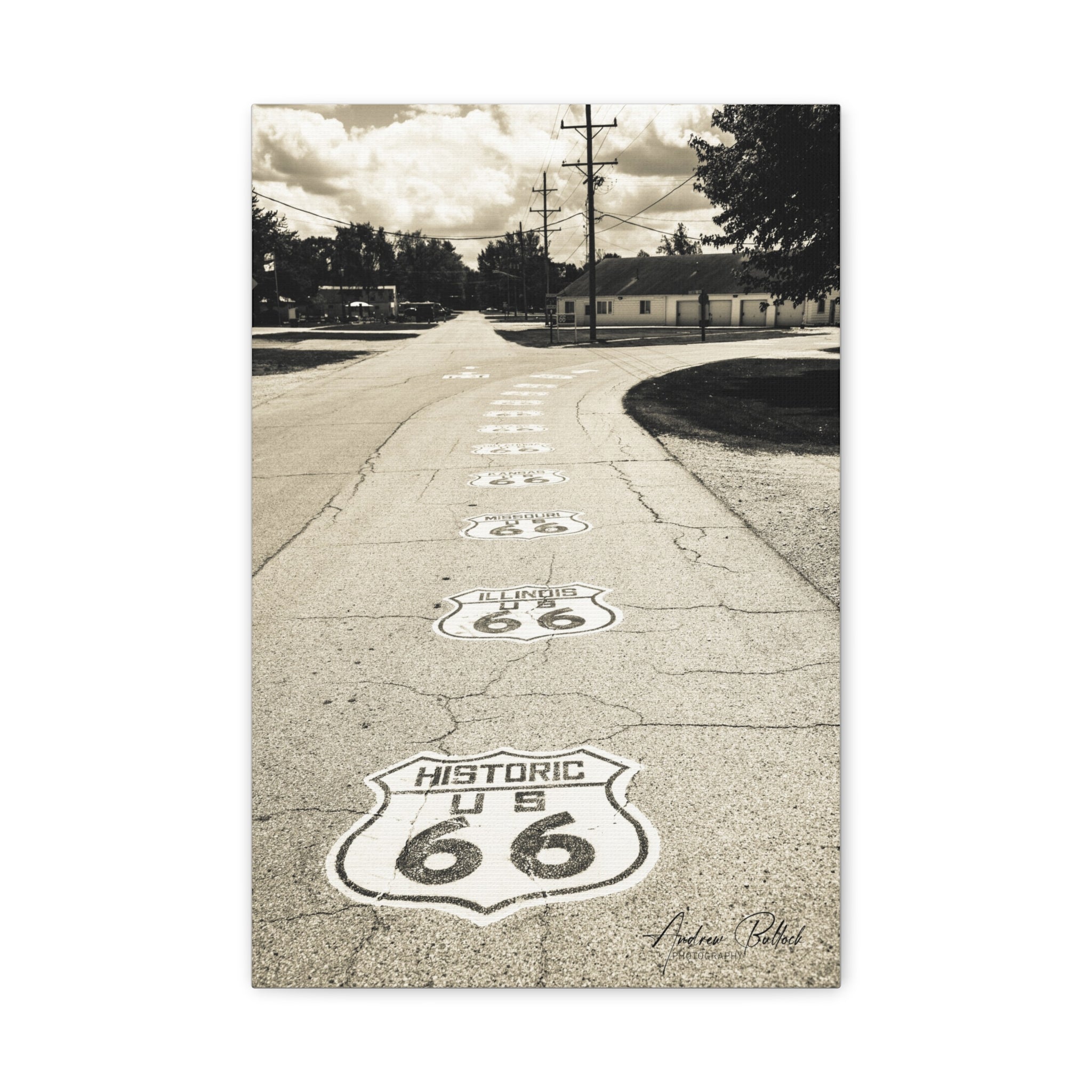 Route 66 Vintage Road Matte Canvas Wall Art — Historic U.S. 66 Sepia Photography (Stretched)
