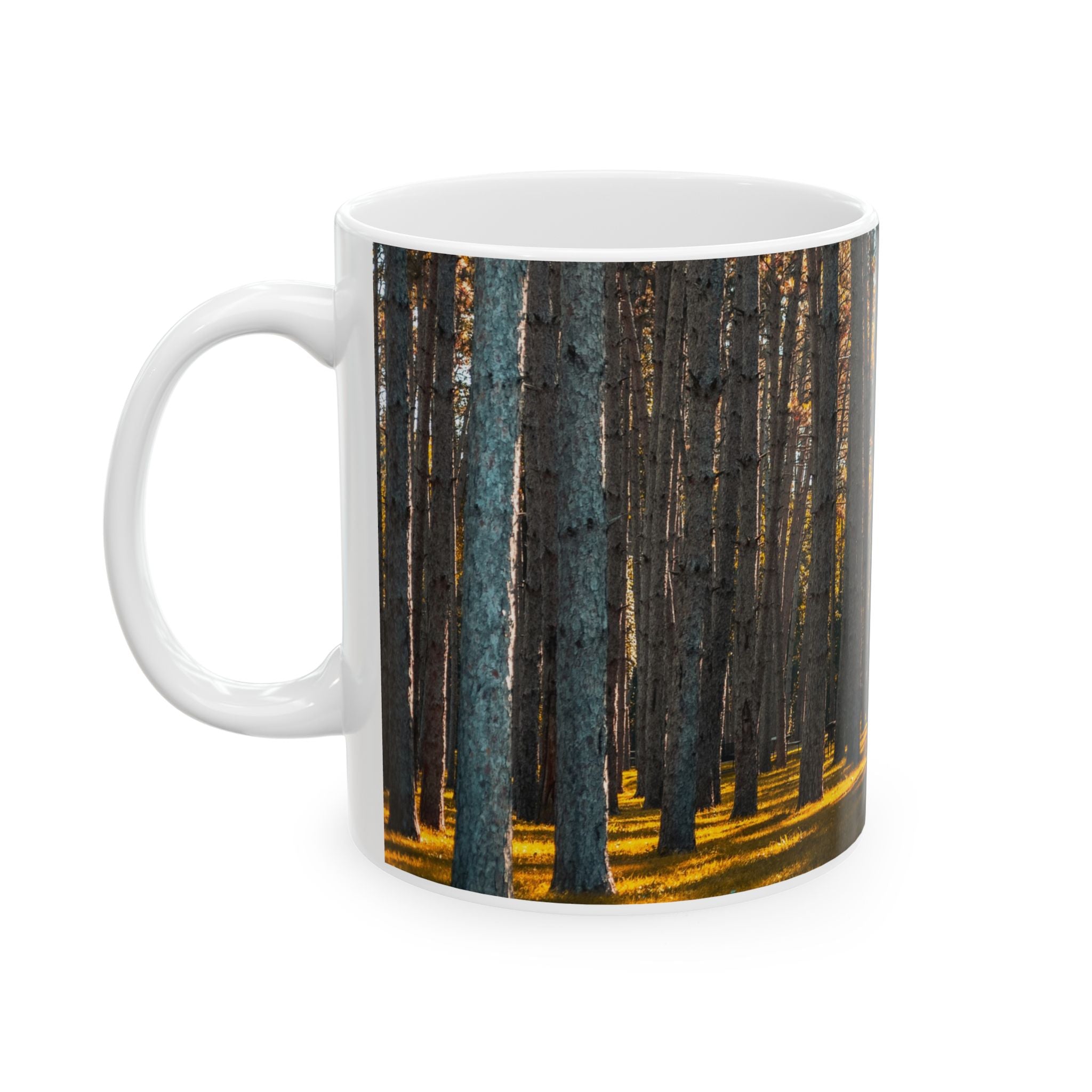 Pine Forest Scenic Ceramic Mug — Woodland Sunrise Coffee Cup (11oz & 15oz)