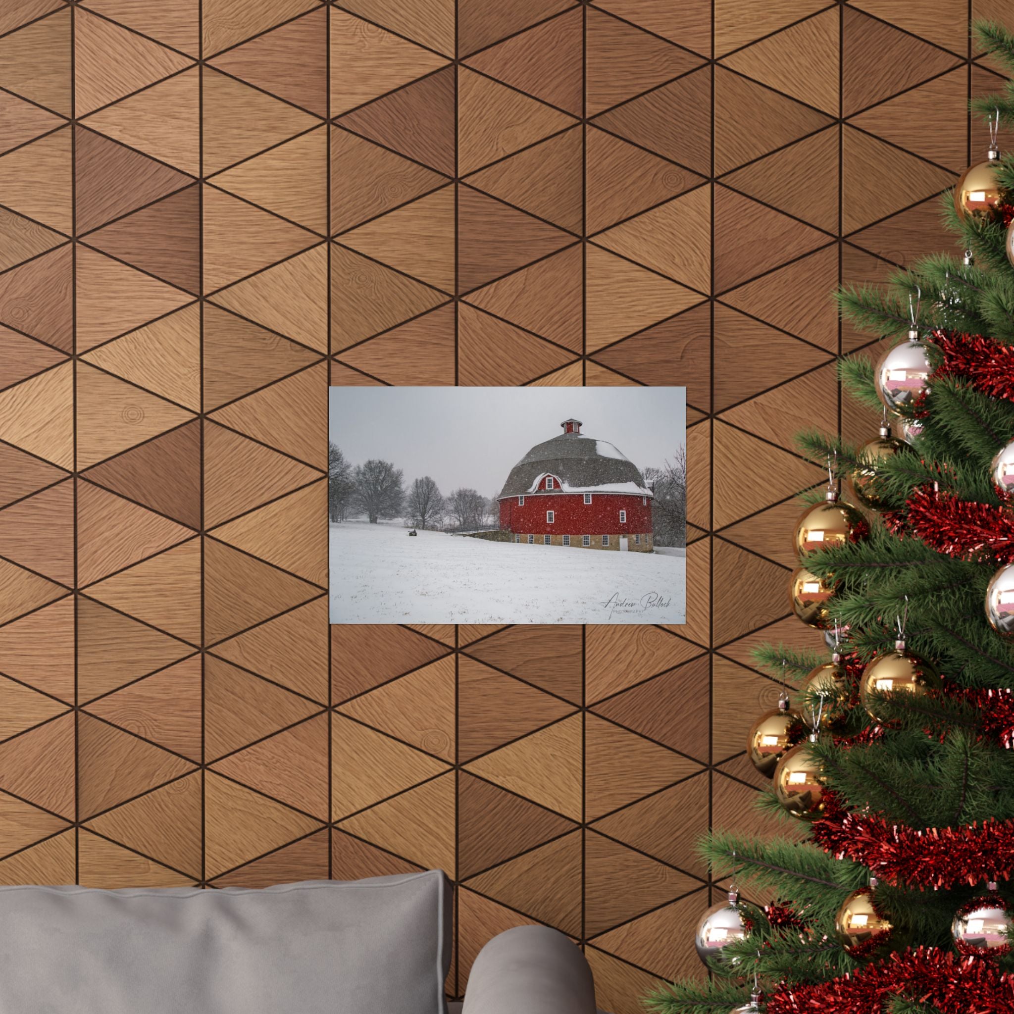 Red Round Barn Winter Scene Poster — Matte Horizontal Farmhouse Wall Art