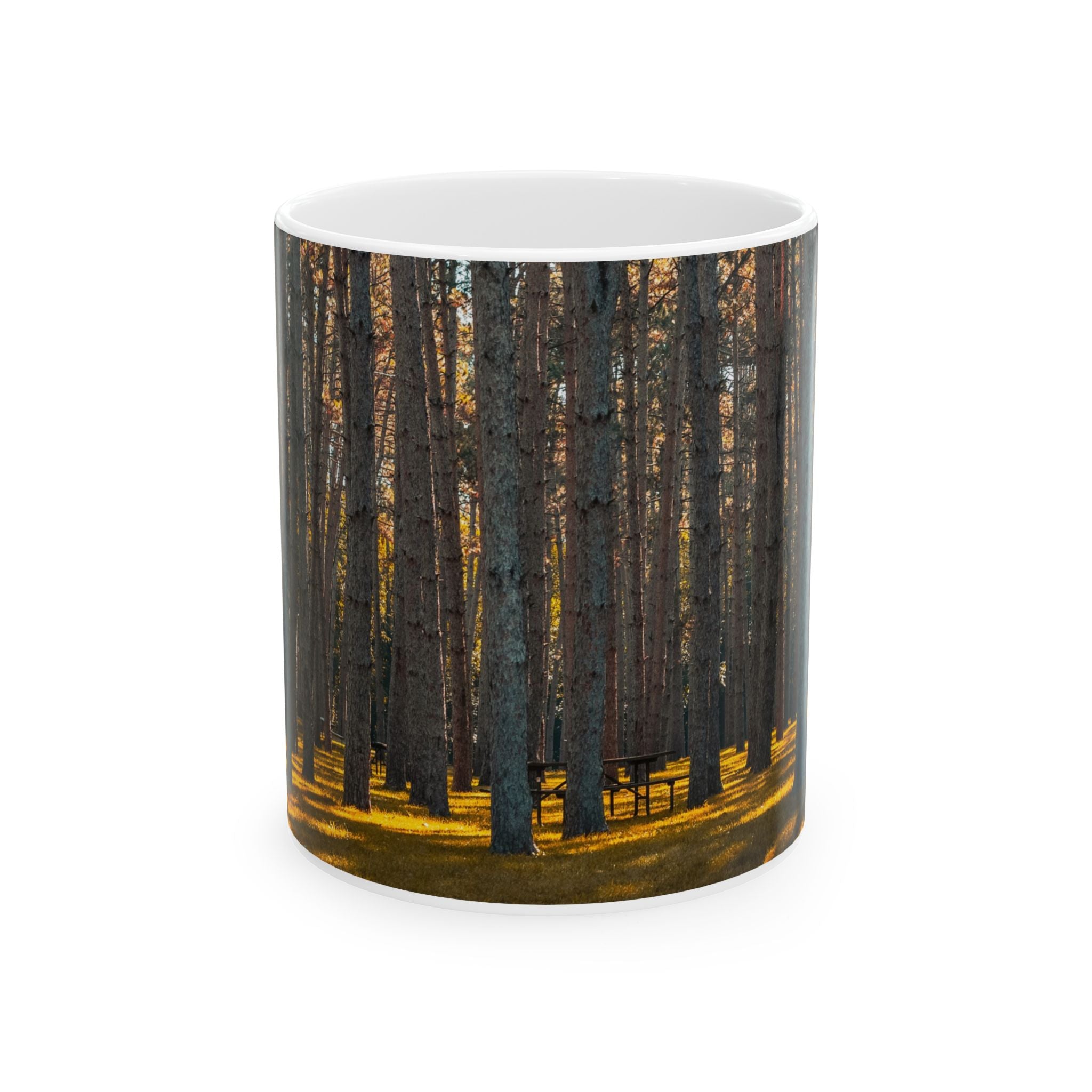 Pine Forest Scenic Ceramic Mug — Woodland Sunrise Coffee Cup (11oz & 15oz)
