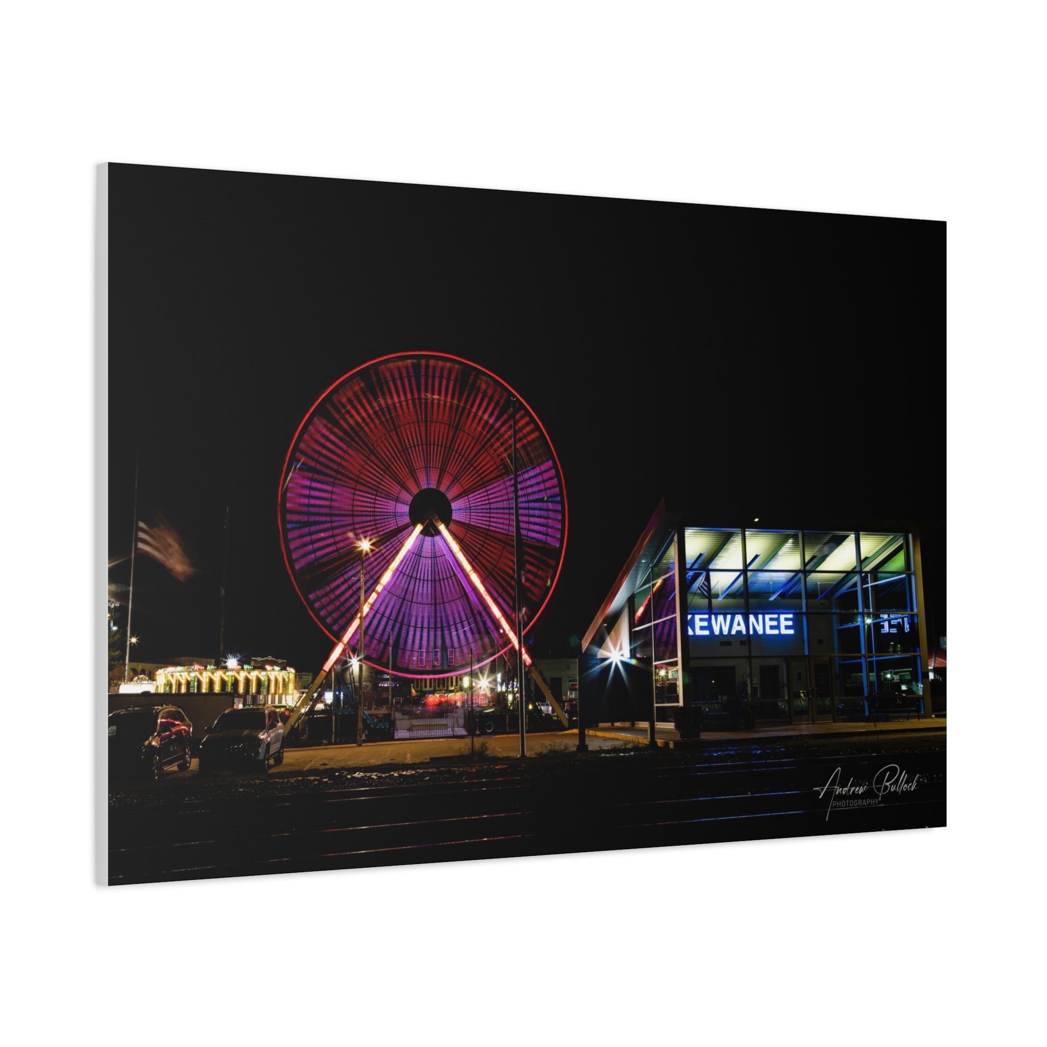 Ferris Wheel Night Canvas Print – Kewanee Train Station Matte Stretched Wall Art