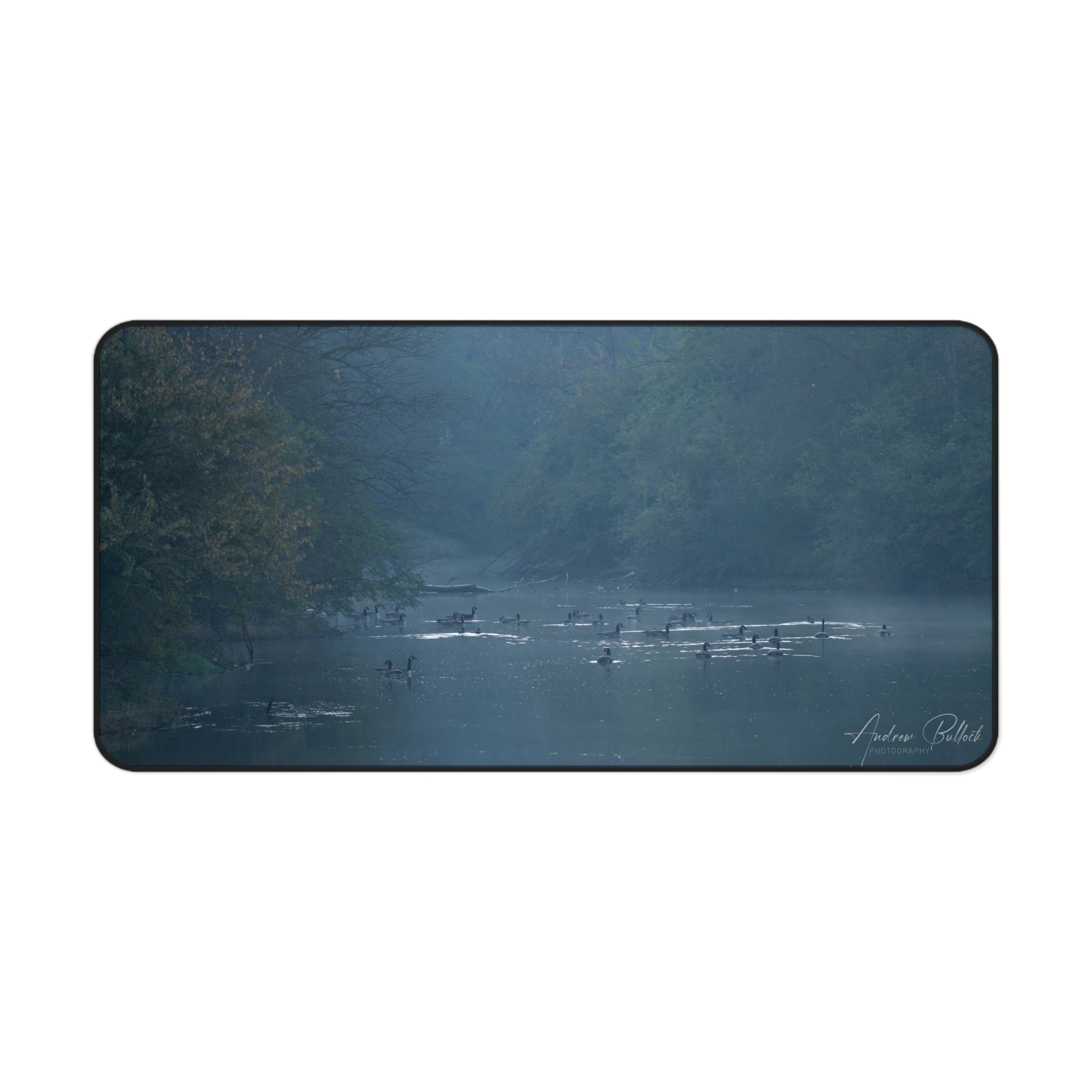 Misty River Desk Mat — Tranquil Woodland Desk Pad with Nature Photography