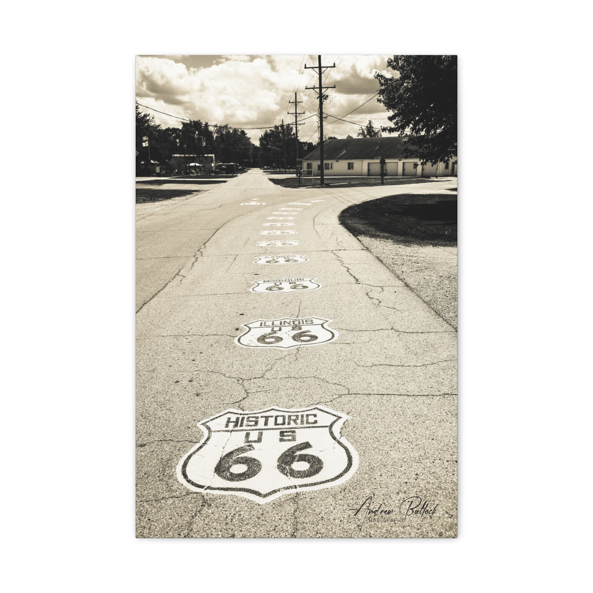 Route 66 Vintage Road Matte Canvas Wall Art — Historic U.S. 66 Sepia Photography (Stretched)