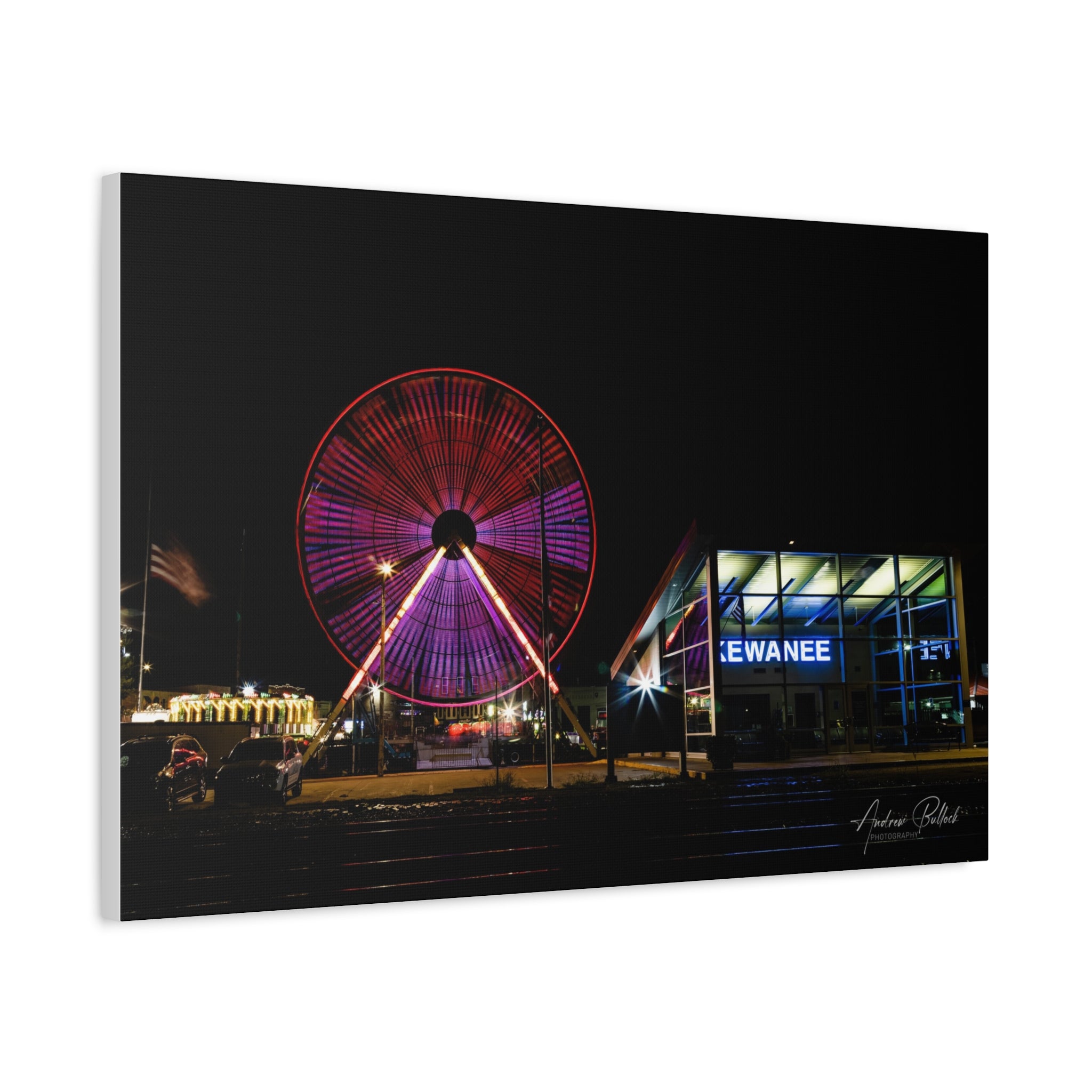 Ferris Wheel Night Canvas Print – Kewanee Train Station Matte Stretched Wall Art